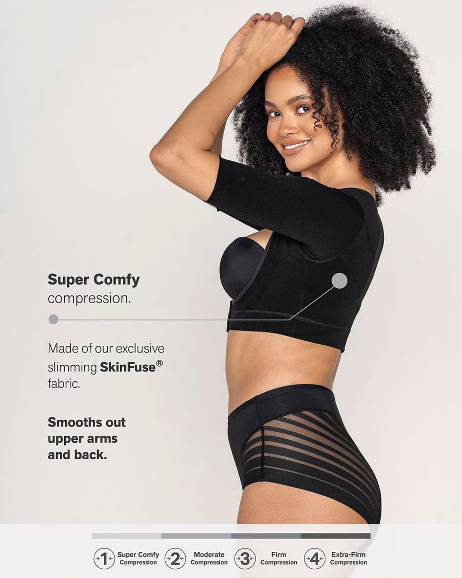 Leonisa Long Arm Compression Sleeve for Women - Seamless Upper Arm Shaper Post-Surgical Vest with Posture Corrector