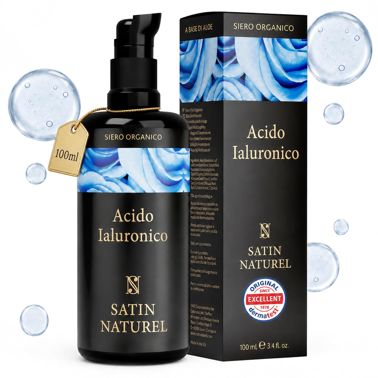 Satin Naturel Siero Acido Ialuronico ad Alta Efficacia 100 ml – Trattamento Viso Bio all’Acido Ialuronico – Siero Idratante Anti Age – Vegan – Idratazione 24 h – Cura del Viso per Donne e Uomini