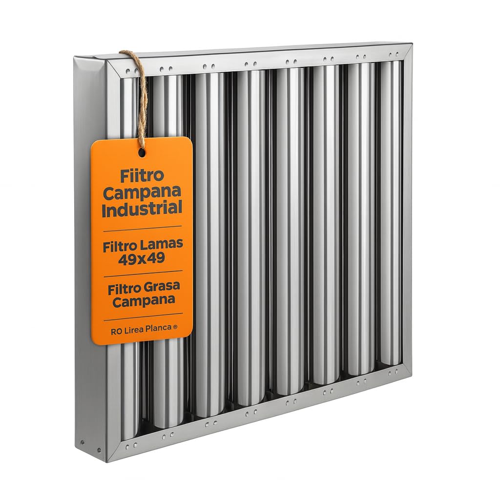 RO Linea Blanca ® Filtro Lamas 490x490x48 Mm Acero Inox AISI 304 Para Campana Industrial Hosteleria Lavable Lavavajillas Drenaje Lamas Inclinadas Pomo Sujeccion Recambio Universal Seguridad Casa