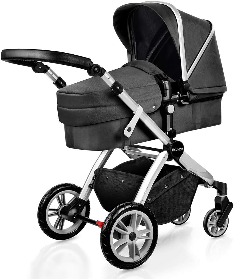 Infant Bassinet Hot Mom 2 in 1 Toddler Stroller Seat and Bassinet Combo,New PU Rubber Wheel,Anti-UV Canopy,Foot Cover with 8 Gifts,Good Quality,Black Grey