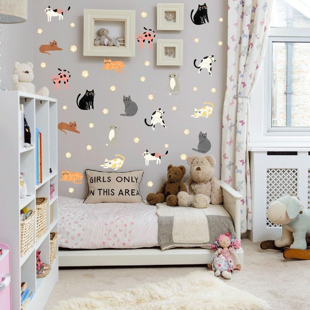 YIMEHDAN Colorful Pet Cat Wall Decal- Lovely Cats with Paw Vinyl Wall Stickers, Gift for Cats Lover, Removable Animal Artwork for Kids Bedroom Playroom Decor