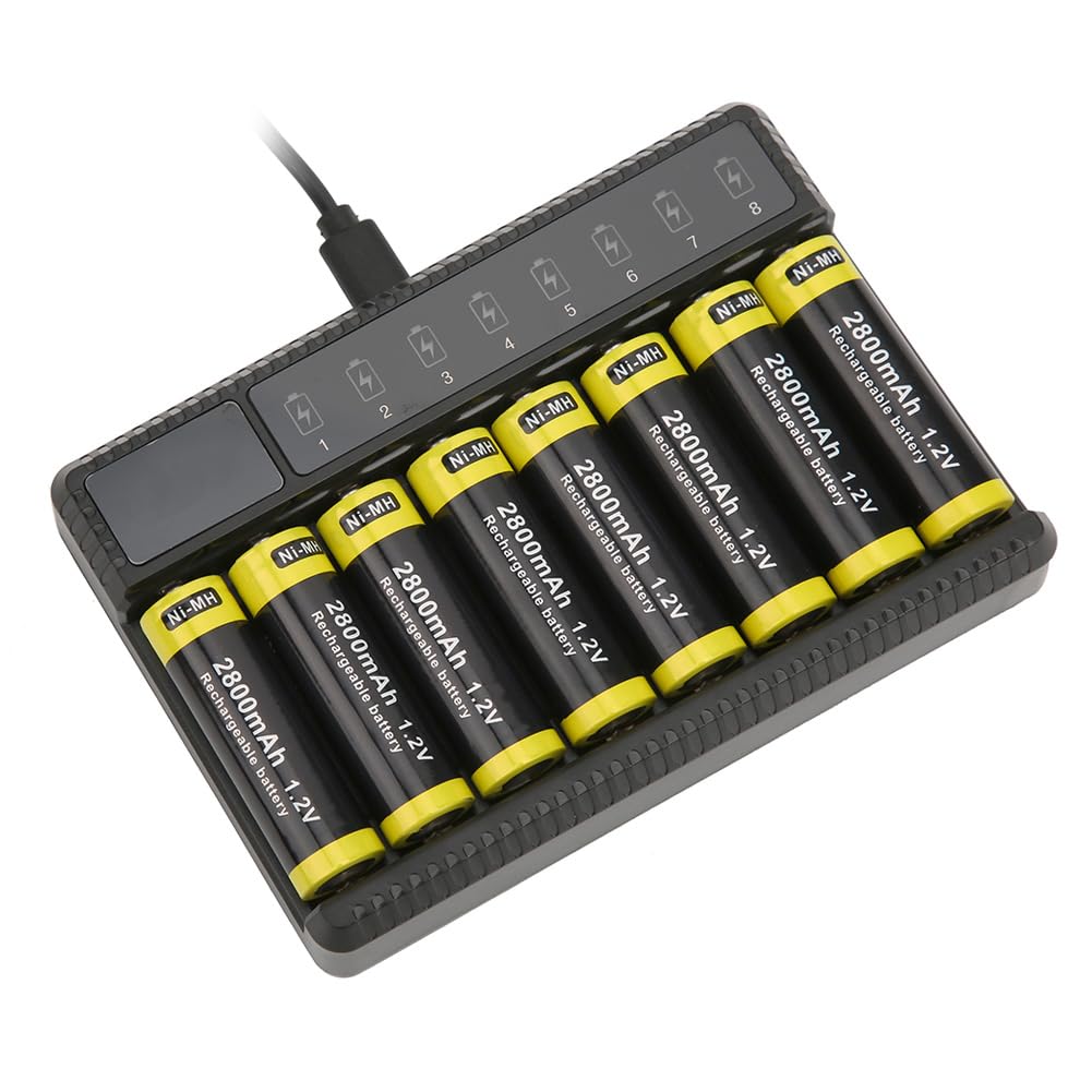 SEIVI – Chargeur de Batterie USB à Huit Emplacements, Protection Intelligente pour Piles Ni-MH AA AAA, 2800mAh, écran LCD, Conception Compacte
