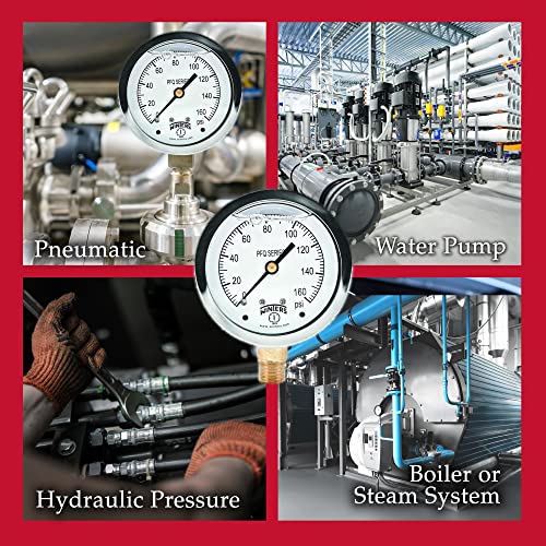 Winters 2-1/2" Dial Size, Liquid Filled Industrial Pressure Gauge, Brass Internals, 304 Stainless Steel Case, Single Scale 0-160 Psi, 1.5% Acc, 1/4" Npt Bottom Mount, Glycerin Filled Pressure Gauge #TOP5