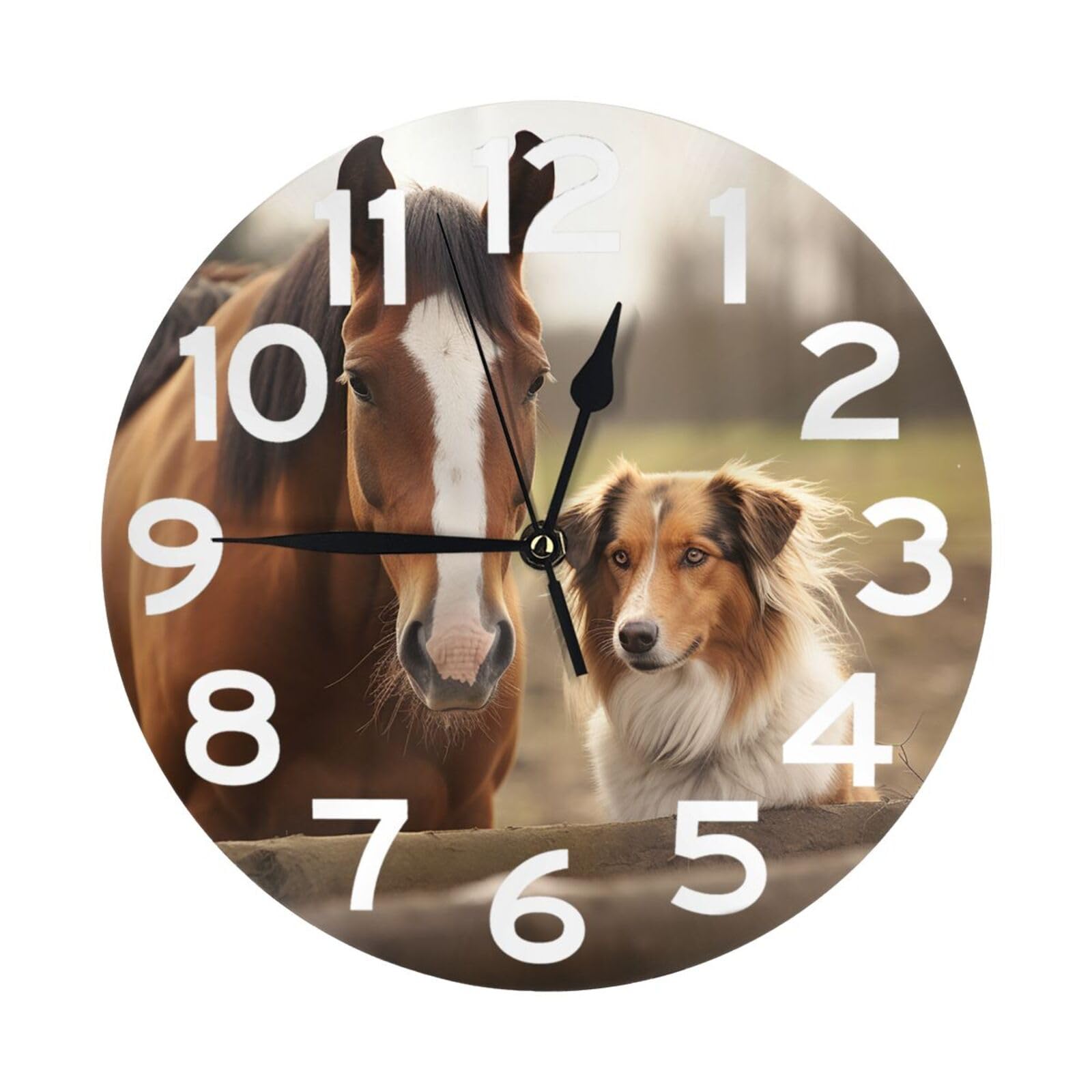 NTVOWPZO 10 Inch Wall Clock Collie Dog and Horse Together Battery Operated Wall Clocks Silent Non-Ticking Round Wall Clock for Living Room Kitchen Home Office Wall Decorative Clock