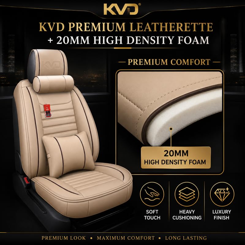 Image of KVD AUTOZONE Superior Leather Luxury Car Seat Cover Compatible with Maruti Suzuki Swift Dzire Beige + Black Free Pillows and Neck Rest Set (5 Year Warranty)- D017 /56