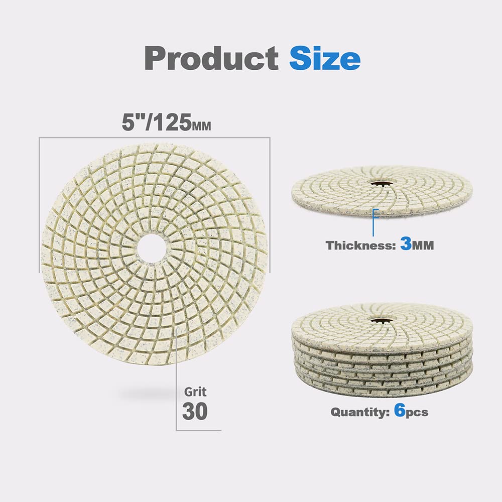 Nasse Diamant Polierscheibe - HIGHDRIL 6 Stück 125MM #30 diamant schleifpad für Granit, Marmor, Keramik, Kunststein Schleifblock auf Schleifer oder Polierer verwendet
