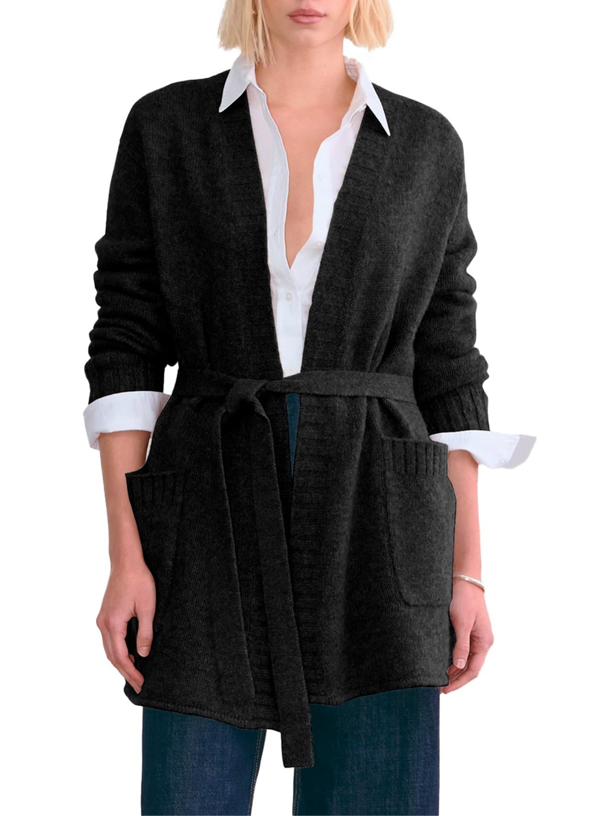 Womens Open Front Tie Cardigan Sweaters Long Sleeve Chunky Knit Cardigan Loose Fall Coat Outwear with Pockets