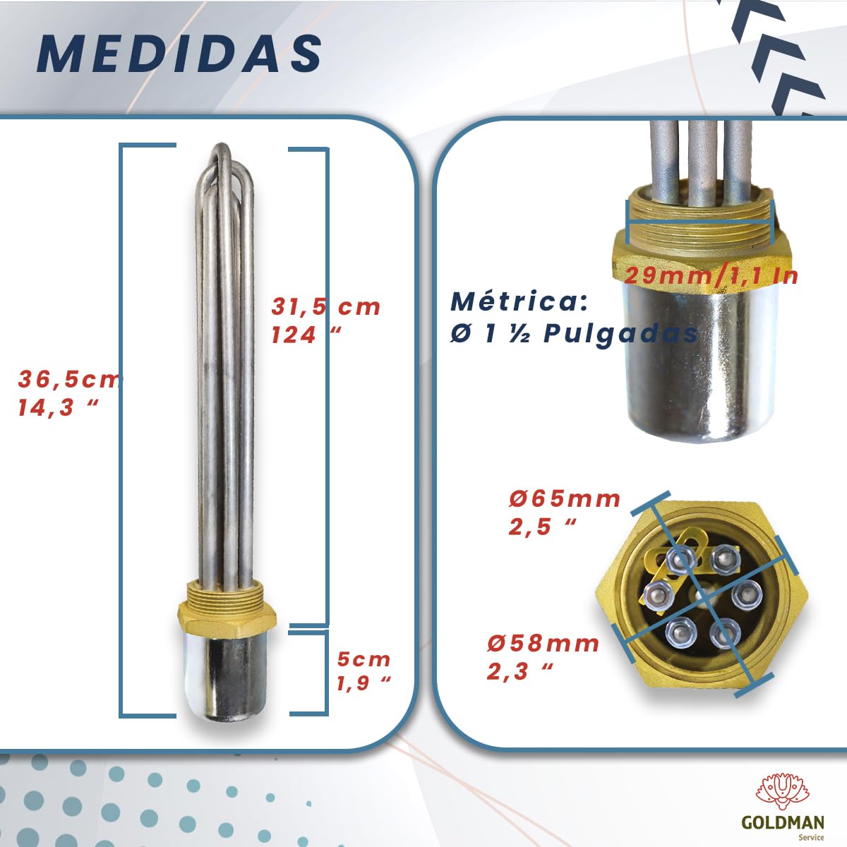 GOLDMAN SERVICE Resistencia de Inmersión | Potencia: 6000W (230/380V) | Métrica: 1 ½ Pulgadas + Junta | Recambio Depósito Industrial Termo Eléctrico