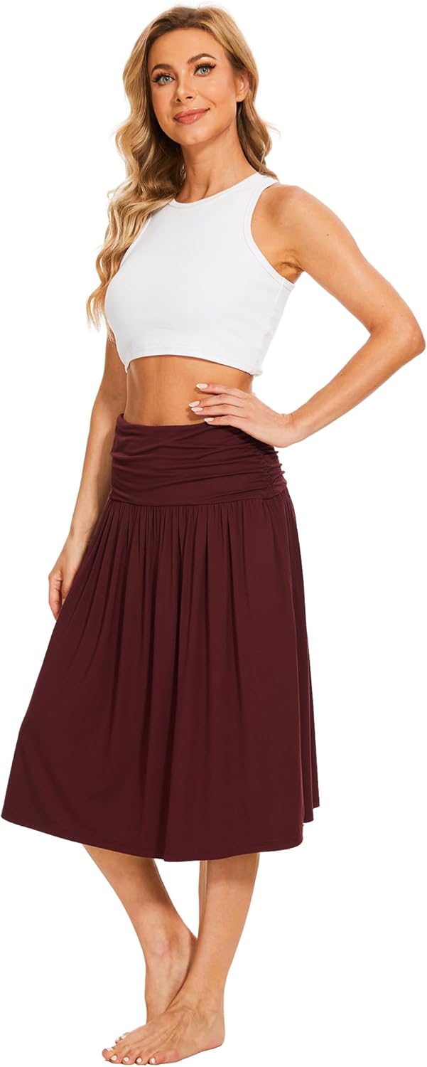 GYS Bamboo Viscose Skirts for Women Knee Length Flowy Ruched High Waist Knit A-Line Casual Summer Skirt with Pockets - Image 2