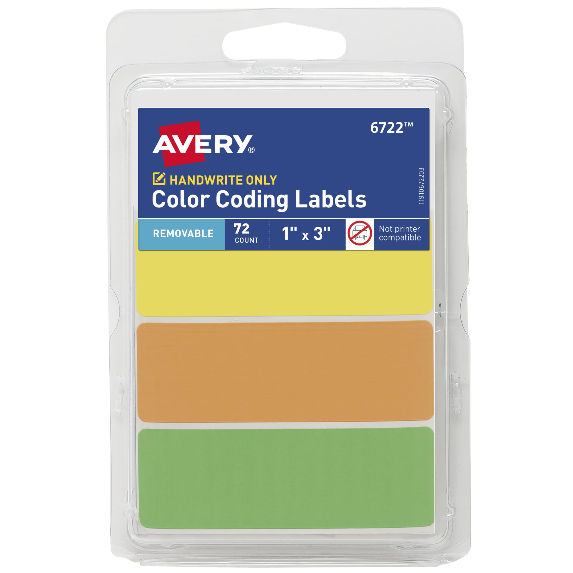 Avery Color-Coding Removable Labels, 1" x 3", Assorted Neon Colors, Non-Printable, 72 Blank Labels Total (6722)