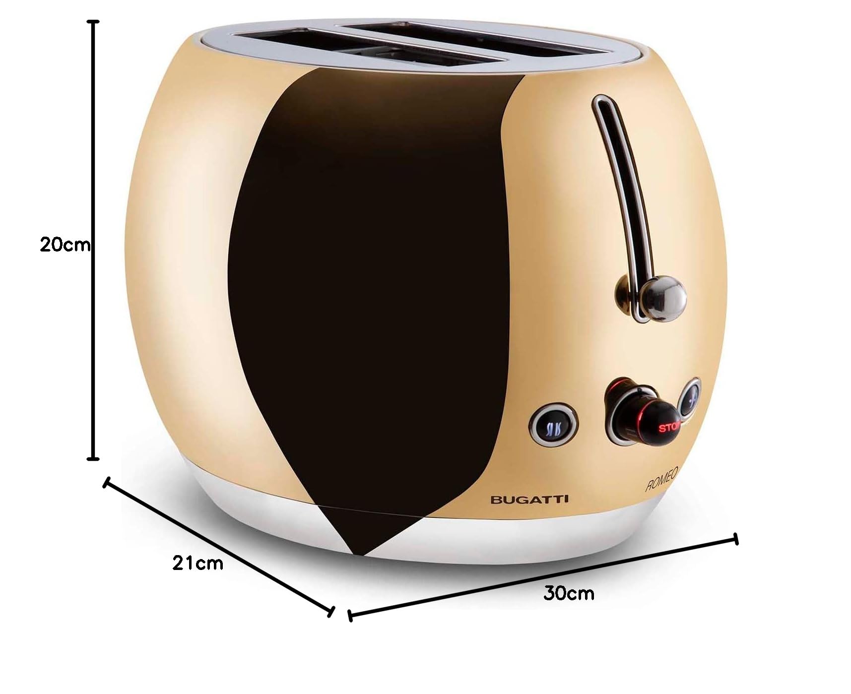 BUGATTI Romeo, Tostapane di Design Multifunzione in Acciaio Inox, 7 Livelli di Tostatura, 4 Funzioni, Pinze non Incluse, 870-1035 W, Colore Oro Giallo Lucido