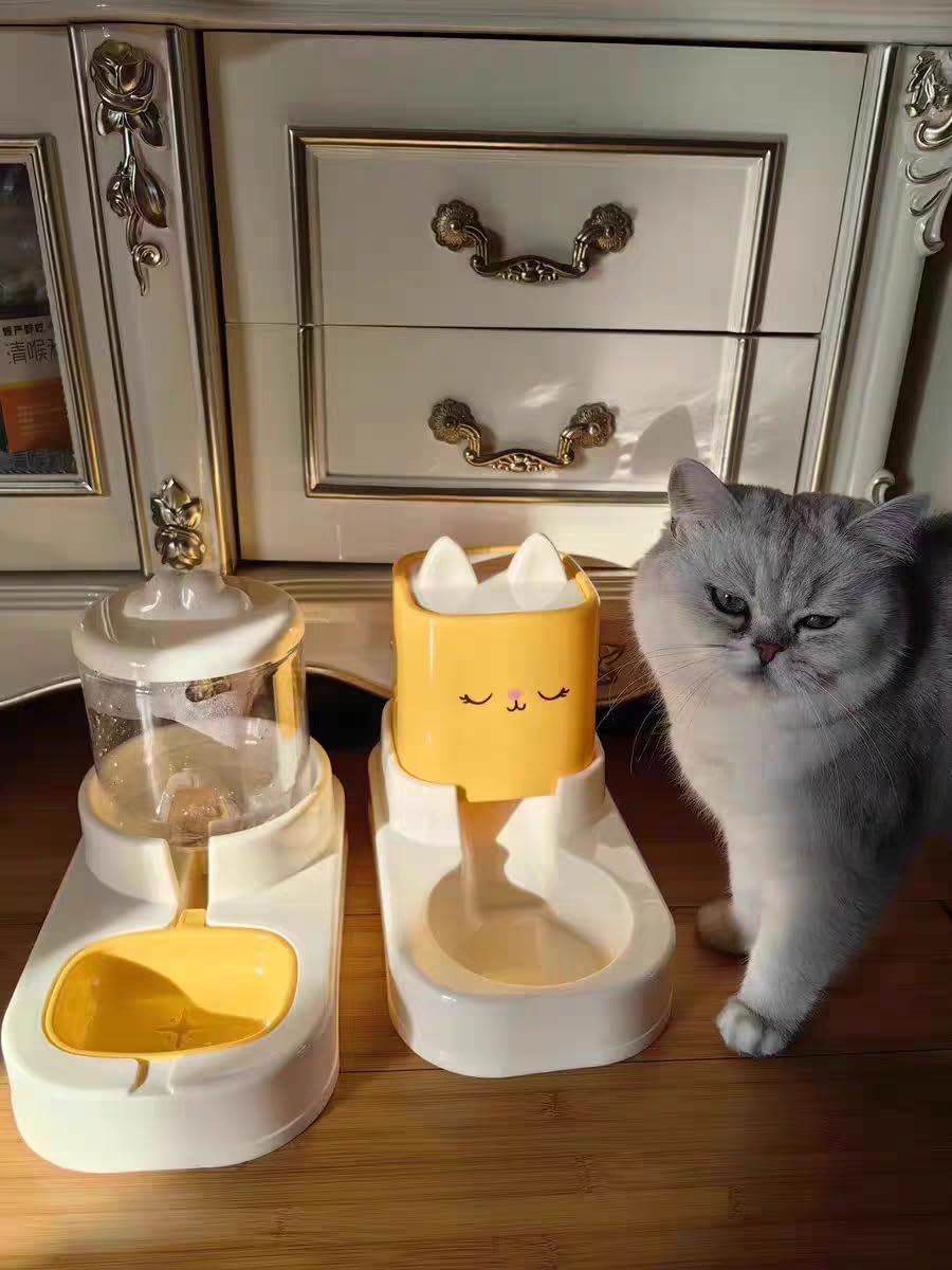 dispenser crocchette gatto,distributore cibo gatti, dispenser di cibo e irrigazione, 2 ciotole con erogatore d'acqua 2,2 l + 1,8 l (giallo)
