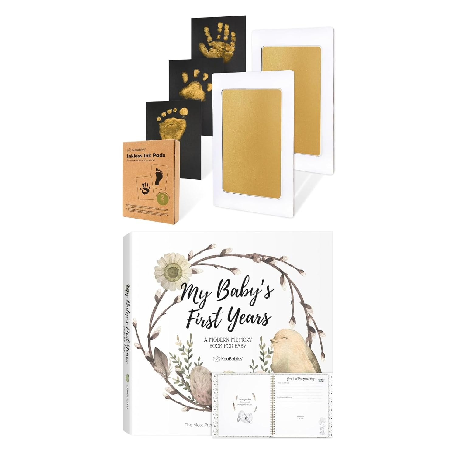 Keababies 2-Pack Inkless Hand and Footprint Kit and First 5 Years Baby Memory Book Journal - Ink Pad for Kids Hand and Footprints - 90 Pages Hardcover First Year Keepsake Milestone Book