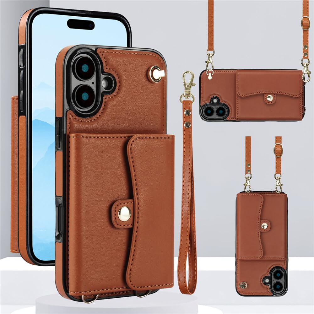 Generic - Funda con tapa para iPhone 13 Pro (color marrón con correa para hombro)
