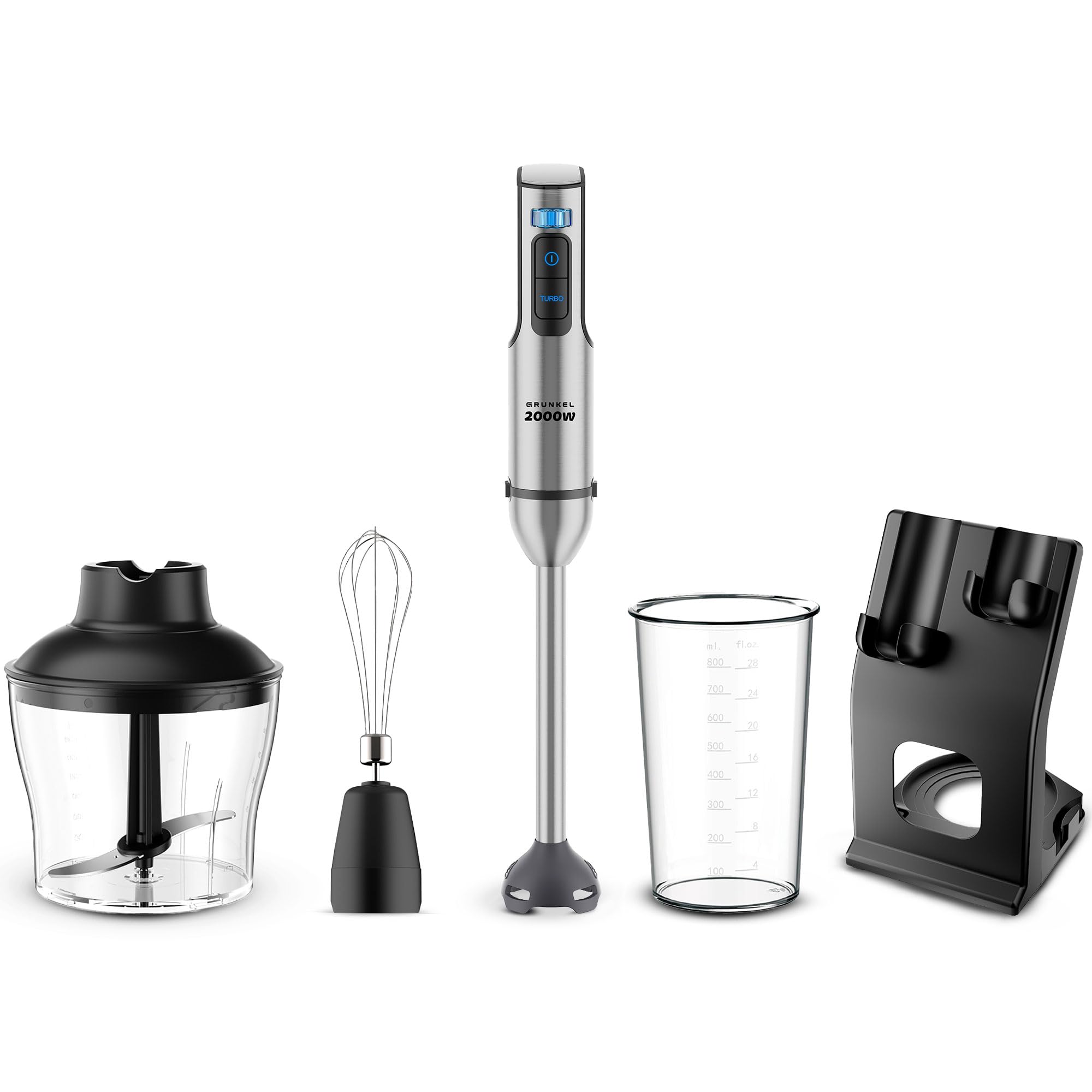 Grunkel Powerful 2000W Stainless Steel Hand Blender, Glass Included and Option Set Accessories with Rod, Chopper and Stand. Metal Lace and Silicone Base (2000 W and Accessories)
