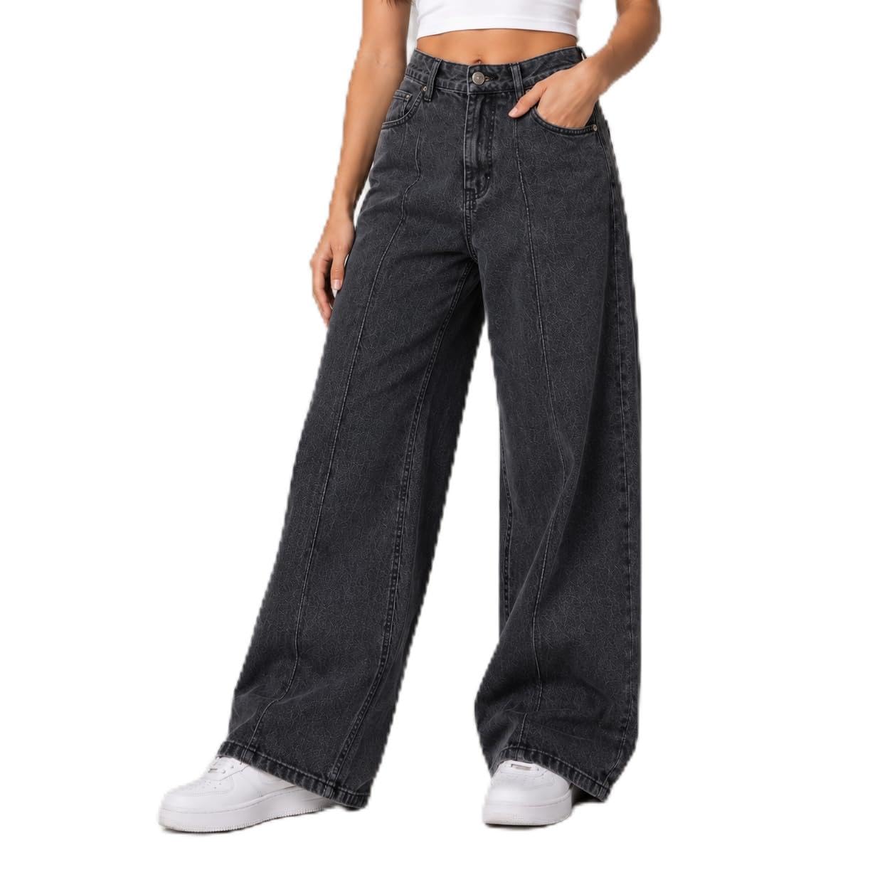 third quadrant Women’s Black Wide-Leg Jeans | High-Rise | Panel Stitch Detailing | Trendy Casual Wear-picture-34