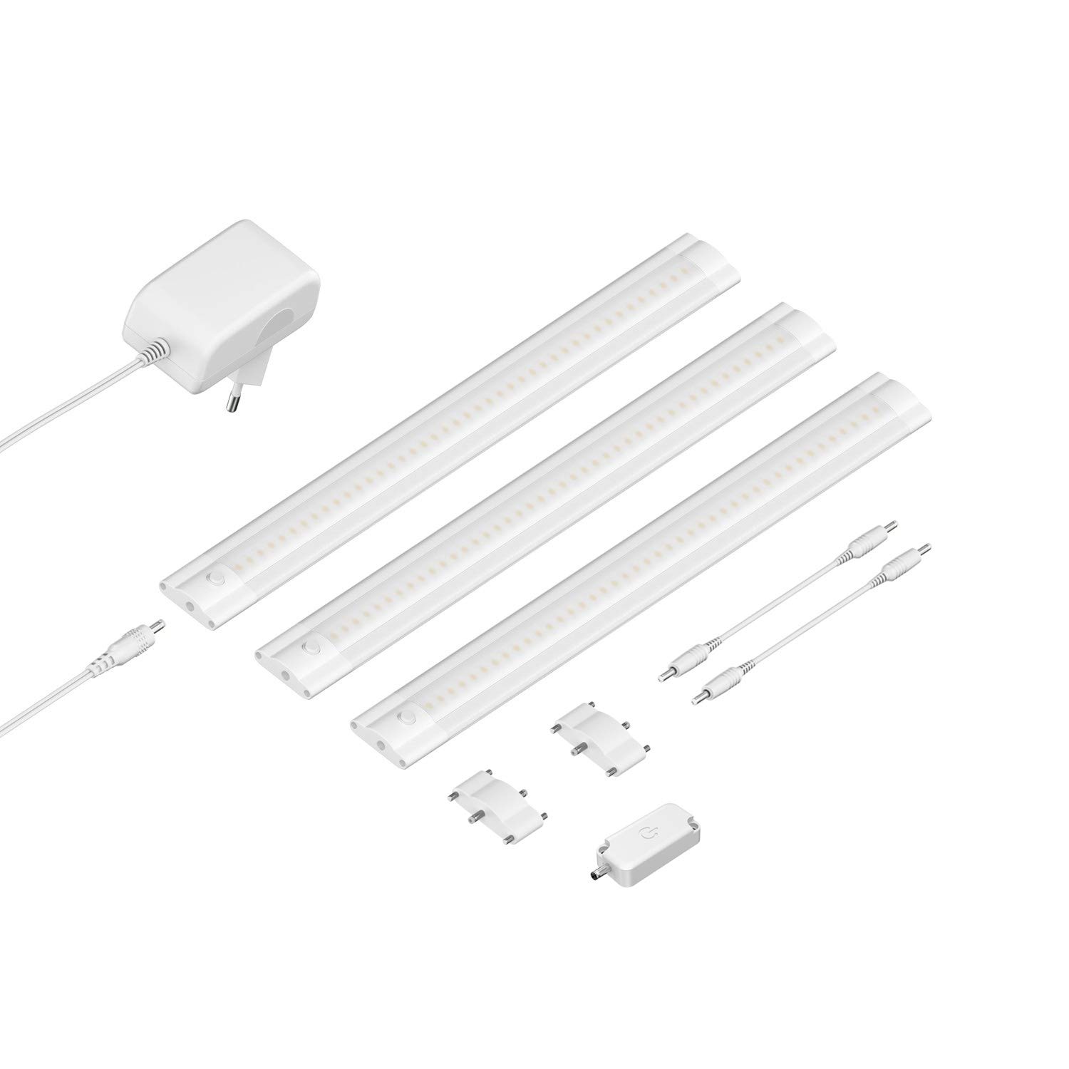 ledscom.de Oświetlenie podszafkowe LED SIRIS biały matowy ze ściemniaczem dotykowym, płaski, 30cm każdy, 370lm każdy, biały, zestaw 3