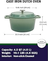Vista 2 de NNWsystems 4.2 Quart Cast Iron Dutch Oven with Lid - Enameled Non-Stick Interior, Oven Safe to 500°F, Multi-Stovetop Compatible - Pine Green