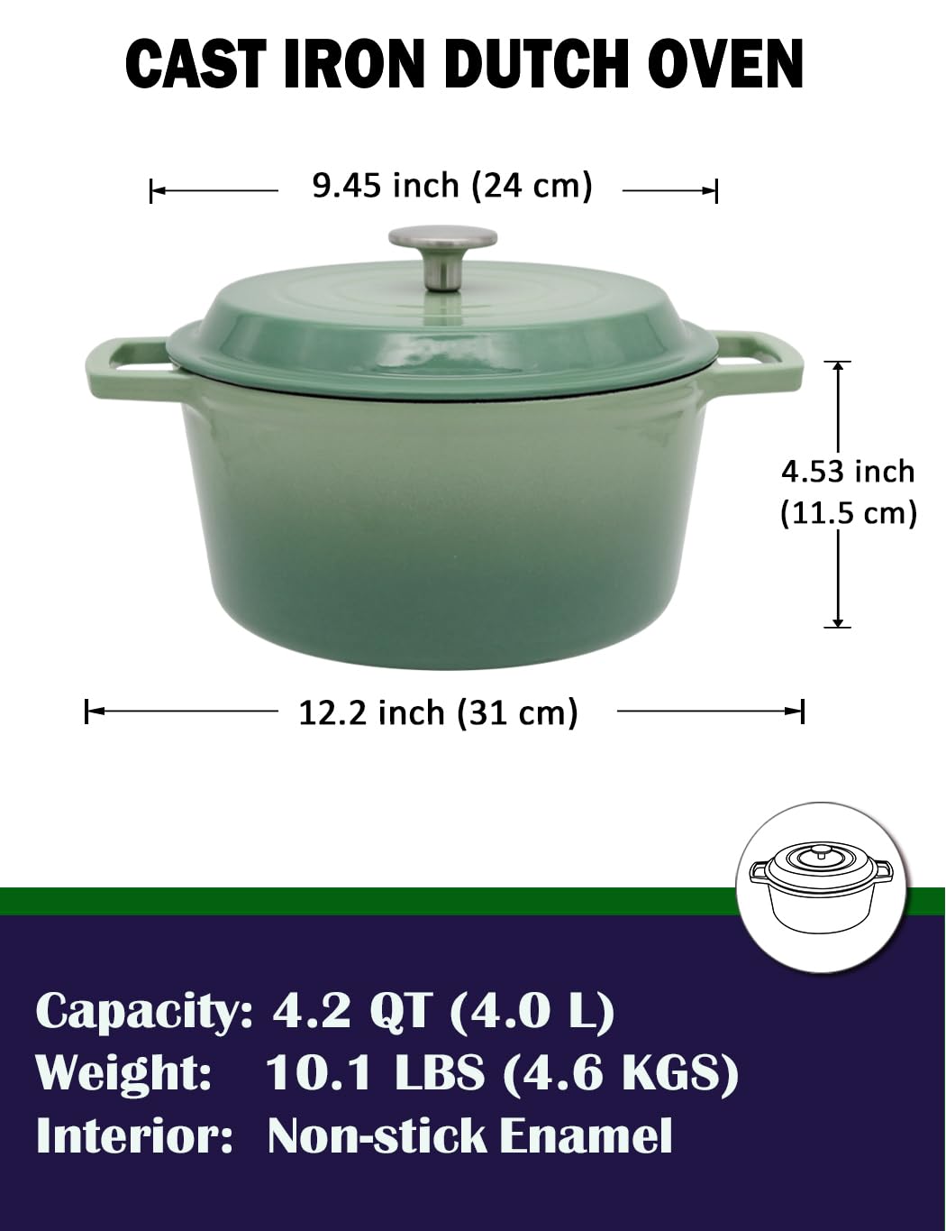 NWsystems 4.2 QT Cast Iron Dutch Oven, Non-stick and Enamel Interior, Multi-purpose Cooking & Baking, Suitable to All Kinds of Cooktops, Dishwasher Safe, the Gift for Family and Friends - Pine Green