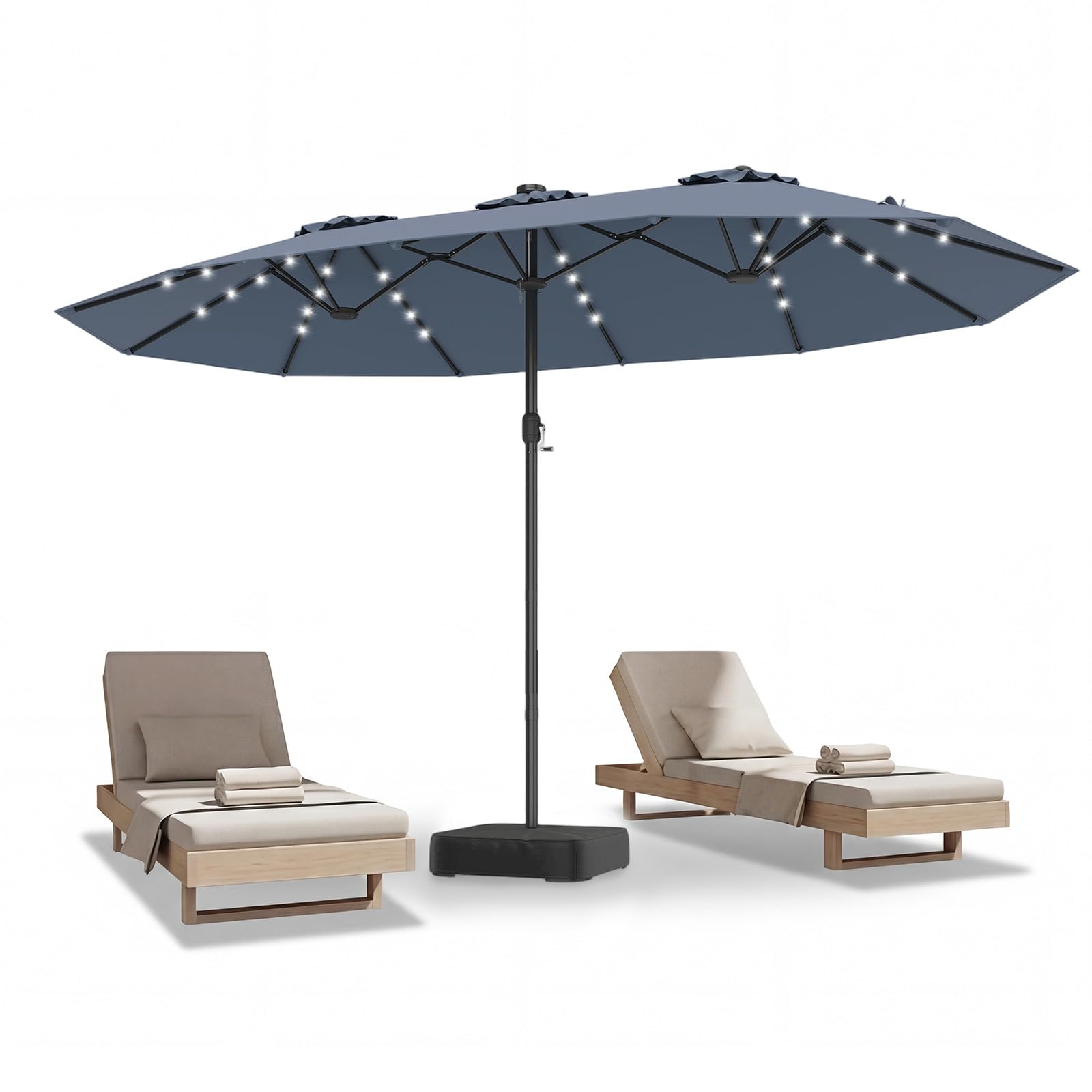 COSTWAY Doppelsonnenschirm mit Ständer und LED-Solar-Beleuchtung, 450 x 260 cm, Sonnenschirm Groß XXL, UPF 50+, Gartenschirm mit Kurbel, Terrassenschirm, Marktschirm für Garten, Terrasse, Grau