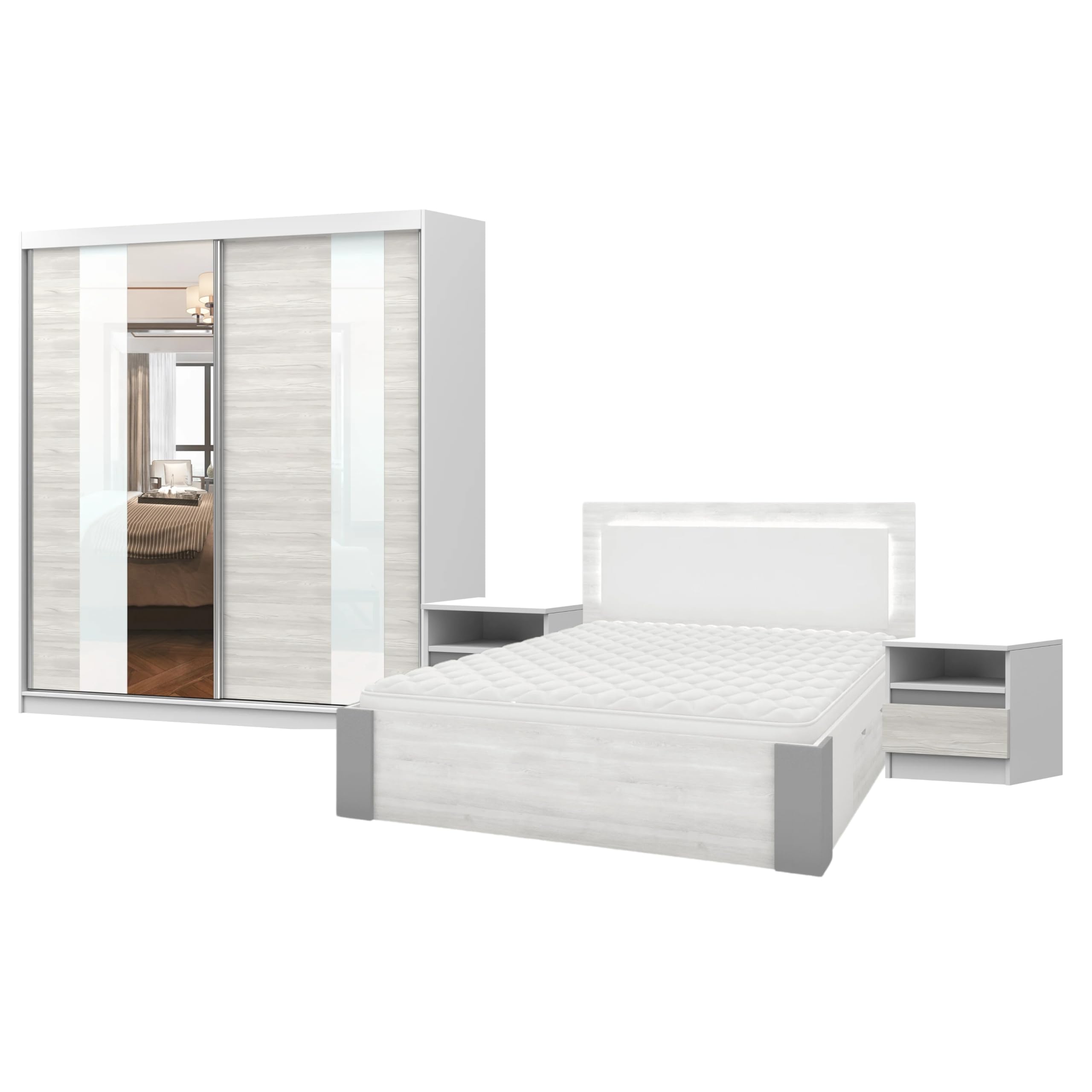 Hellios II - Chambre à Coucher Adulte Complète Avec lit 160x200 Avec Matelas, 2 Tables De Chevet, Armoire Avec Portes Coulissantes L:183 x H:218 x P:61 cm, Fancy - Blanc/Kathult+Gris