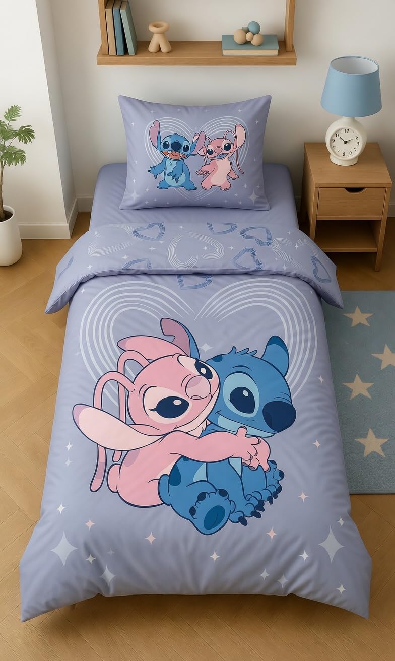 Stitch i Angel Pościel 140x200 + Poszewka 65x65 Polibawełna Oeko-Tex Disney | Odwracalna pościel jednoosobowa | Polibawełna Oeko-Tex szybkoschnąca | Disney | Nastolatki | Prezent | Do prania w pralce