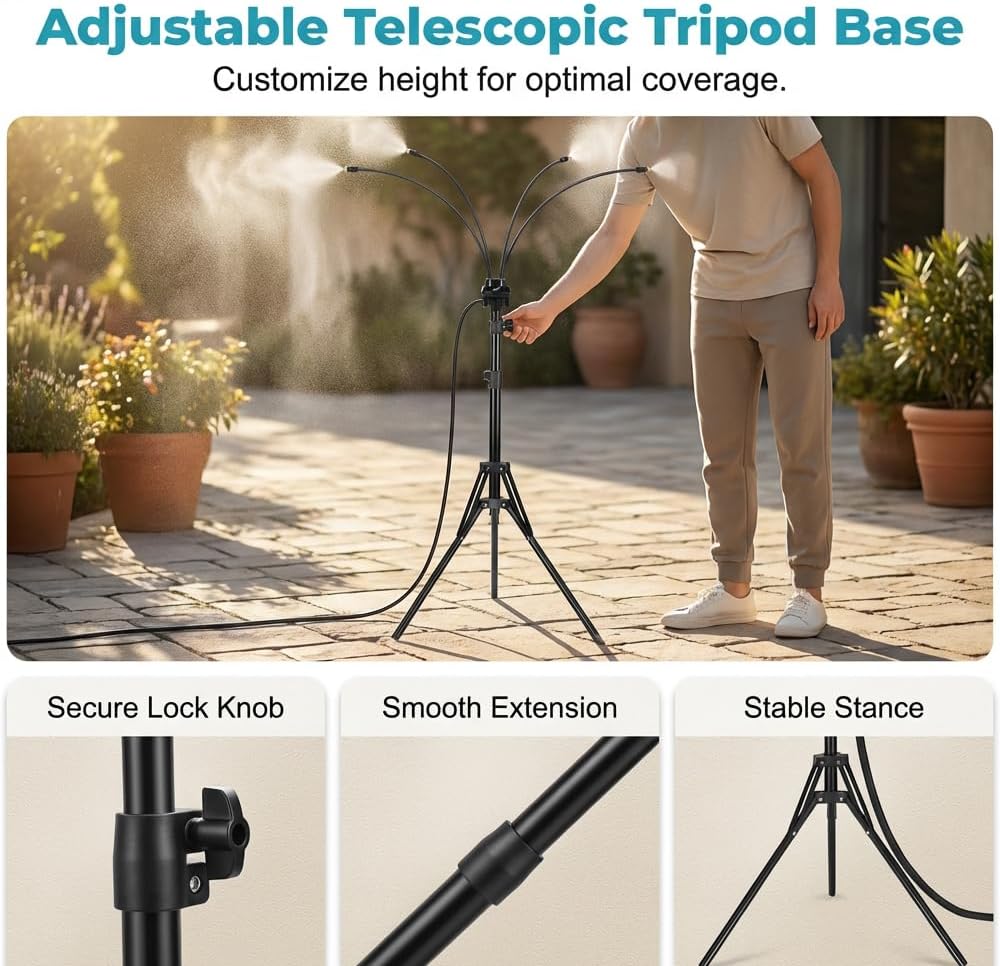 Standing Misters for Outside Patio, 2026 New Heavy-Duty Adjustable Outdoor Misting Cooling System, 3.4-5.25FT Portable Mist Hose for Backyard Garden Pool BBQ Party (Height 3.4-5.25FT)