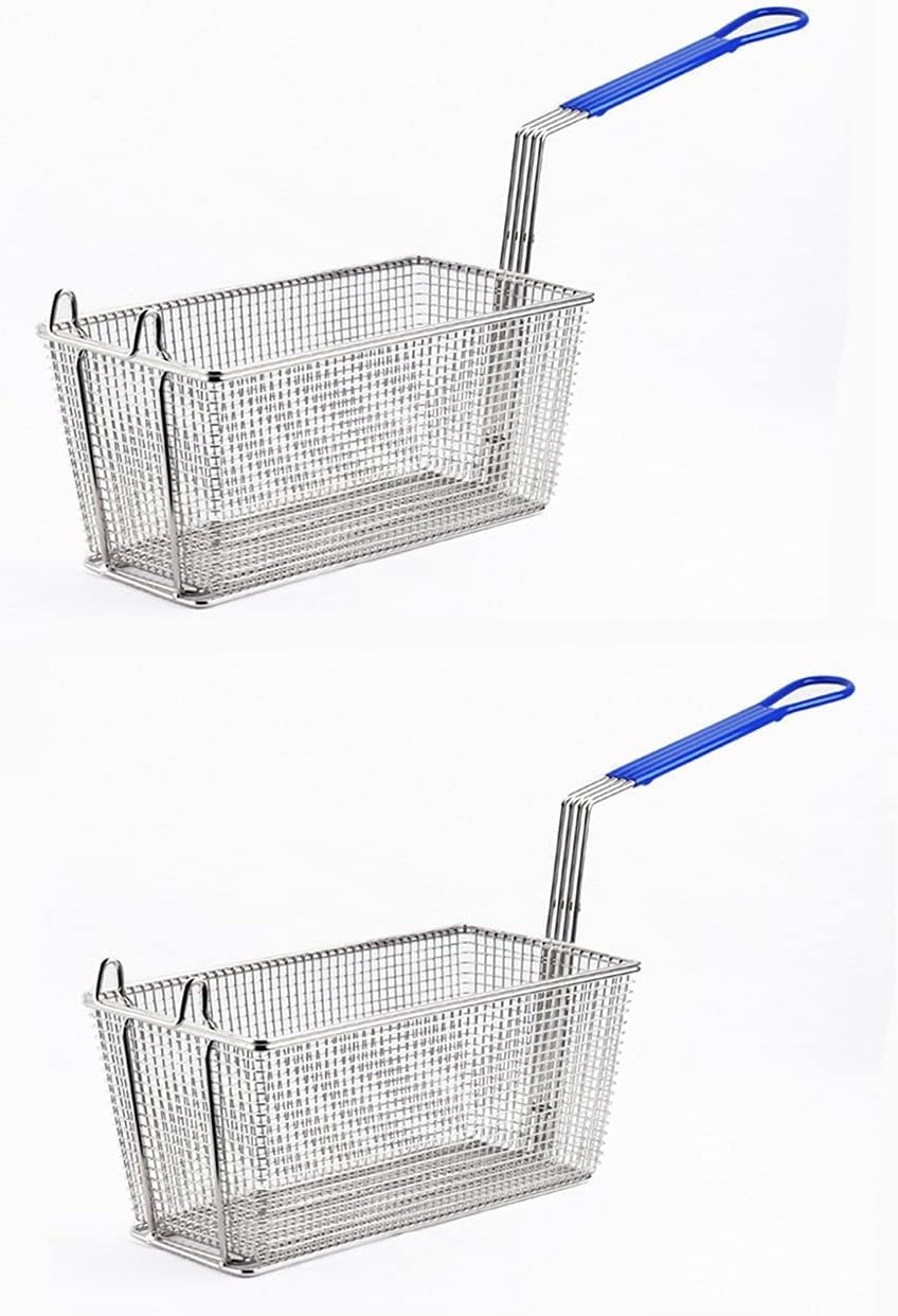 SDYdsgE chip basket， Thickened Stainless Steel Frying Basket with Blue Handle Reinforced French Fries Multi-purpose Rectangular Fry