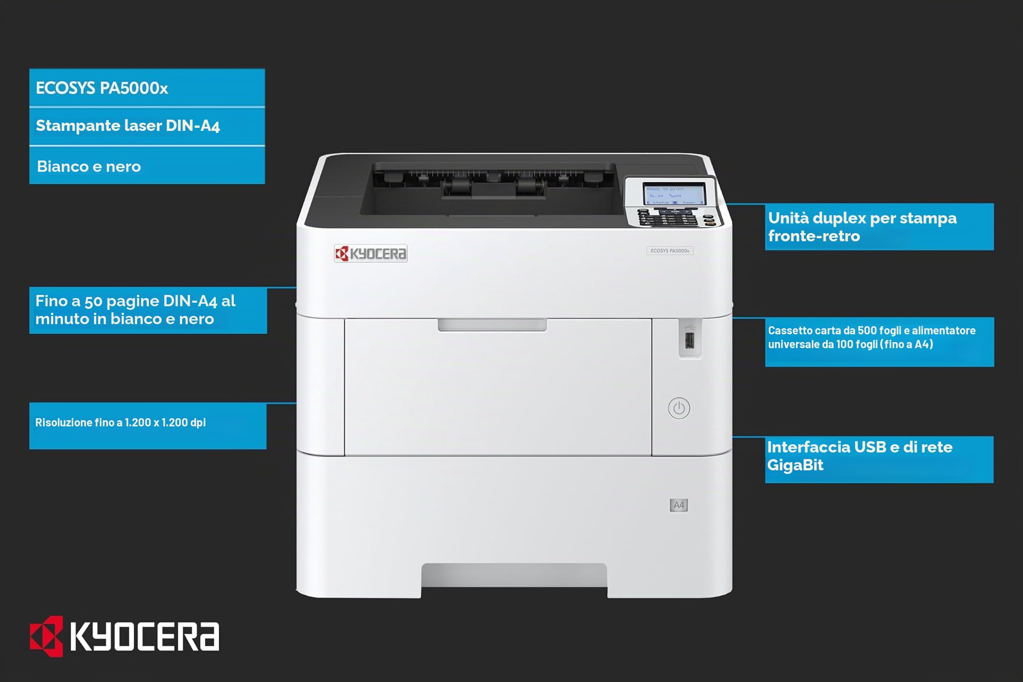 Kyocera Ecosys Pa5000x - Drucker - S/w - Duplex - Laser - A4/legal - 1200 X 1200 Dpi - Bis Zu 50 Seiten/min. - Kapazit?t: 600 Bl?tter - Usb 2.0, Giga