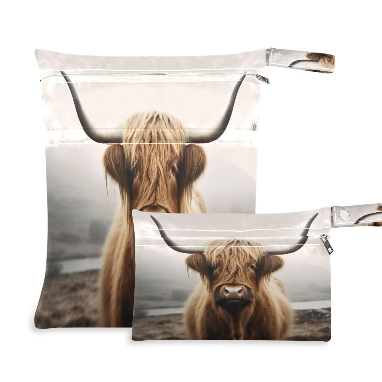 ATTX Funny Highland Cow Wet Dry Bags 2-Pack - Reusable Cloth Diaper Storage for Travel, Beach & Gym | Multi-Use Waterproof Bags for Swimsuits, Baby Clothes, Sports Gear#470