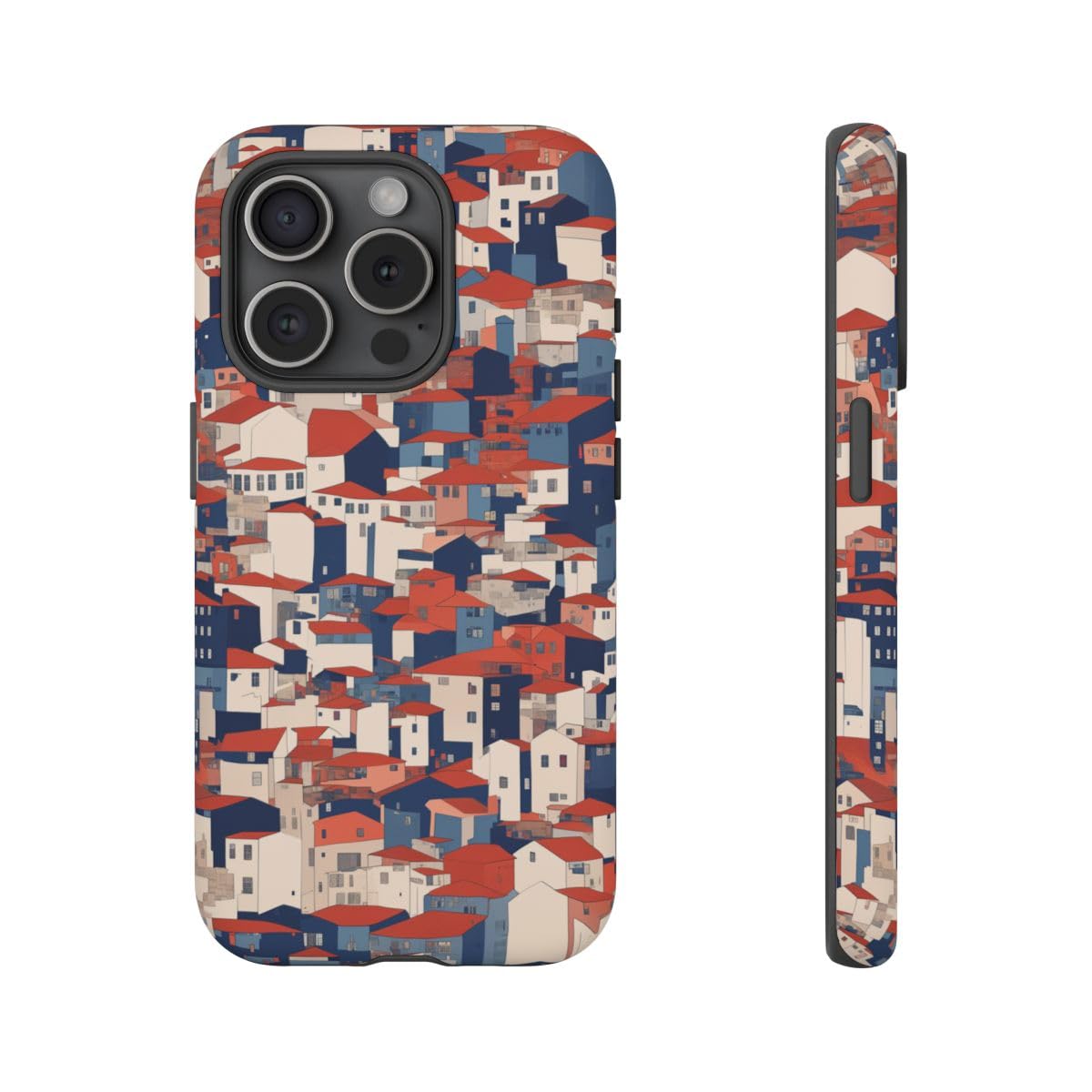 Coque iPhone 15 Pro rigide mate motif graphique maisons toits rouges - 4