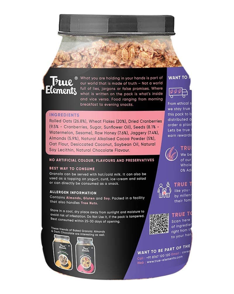 True Elements Chocolate Granola 31.74 Oz - With Dark Chocolate, Almonds & Cranberries | Granola for Breakfast | Healthy Food | 100% Whole Grain Cereal