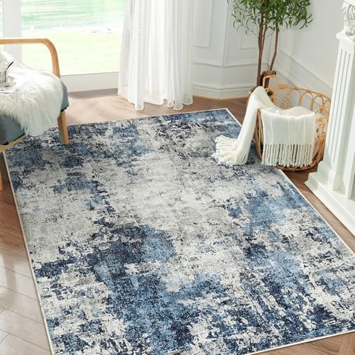 Dintszyayue Abstract Washable Area Rug 4x6 Non-Slip Soft Blue Neutral Area Rugs for Bedroom Living Room Dining Room Floor Carpet (Blue, 4'x6')