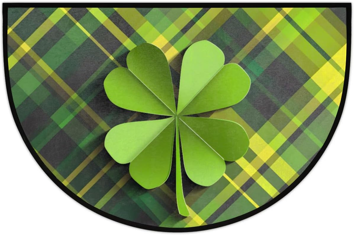 cfpolar Half Round Door Mat Four Clover Buffalo Plaid Non-Slip Semi Circle Area Rug Washable Half Moon Hearth Rugs for Indoor Outdoor Bathroom Kitchen Patio Runner Mat Laundry Room Home Decoration