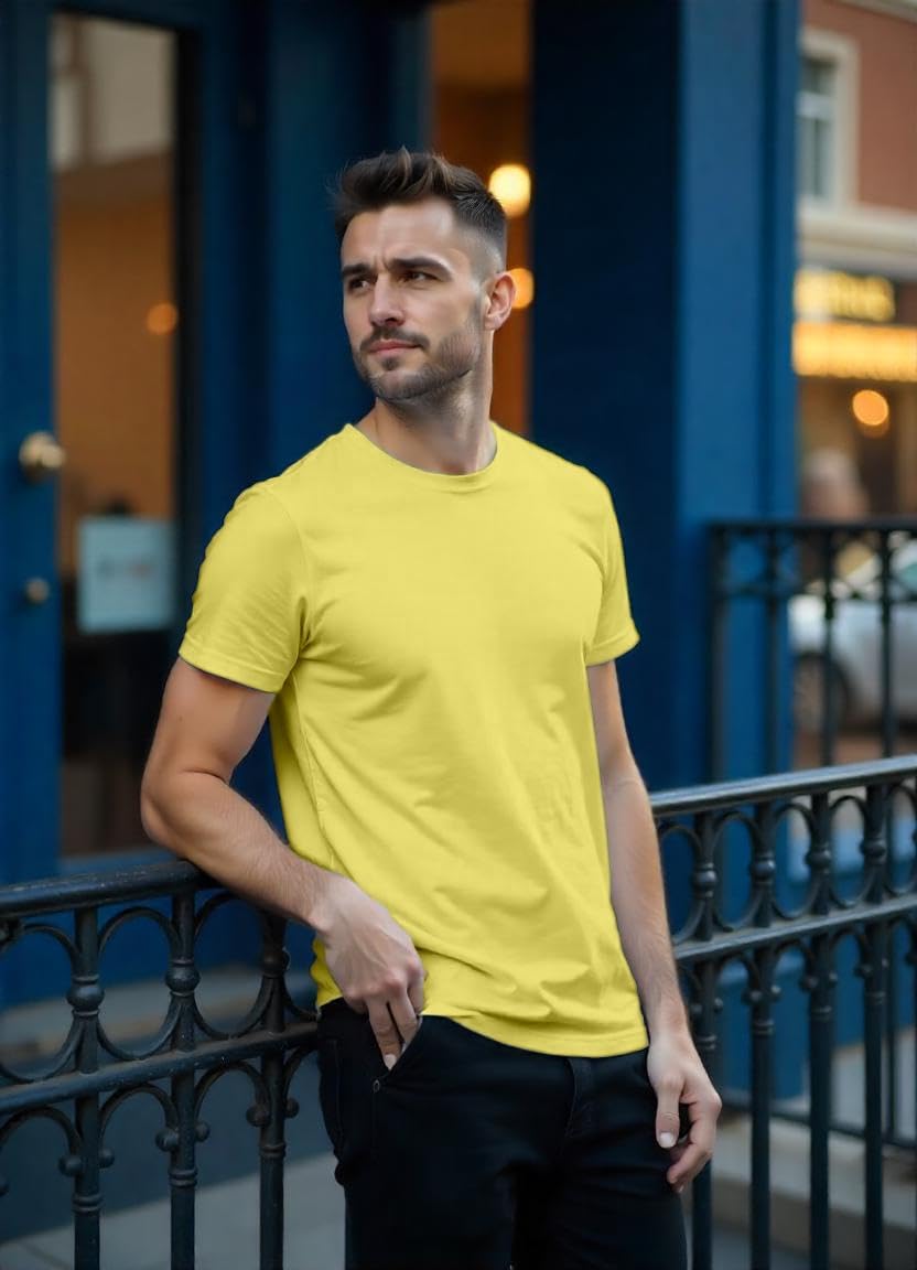 Men’s 100% Cotton Crew Neck T-Shirt – Ring Spun Cotton, Soft Crew Neck Tee, Casual Short Sleeve, Breathable, Lightweight, Classic Slim Fit, Pre Shrink, Pale Yellow, L - Image 3
