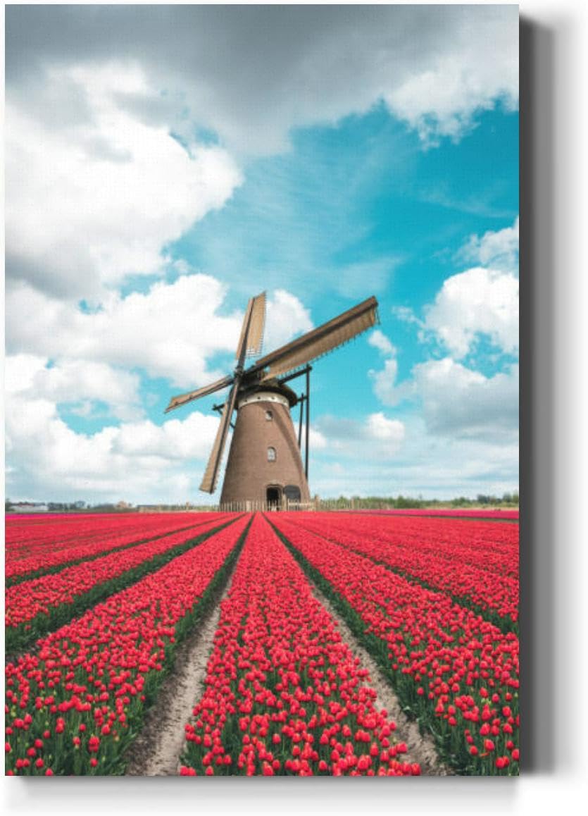 Large Wall Art Decor Colorful Tulip Field Traditional Dutch Windmill Vertical Pictures Framed Canvas Wall Art for Living Room Bedroom Bathroom Artwork Paintings Kitchen 36x24