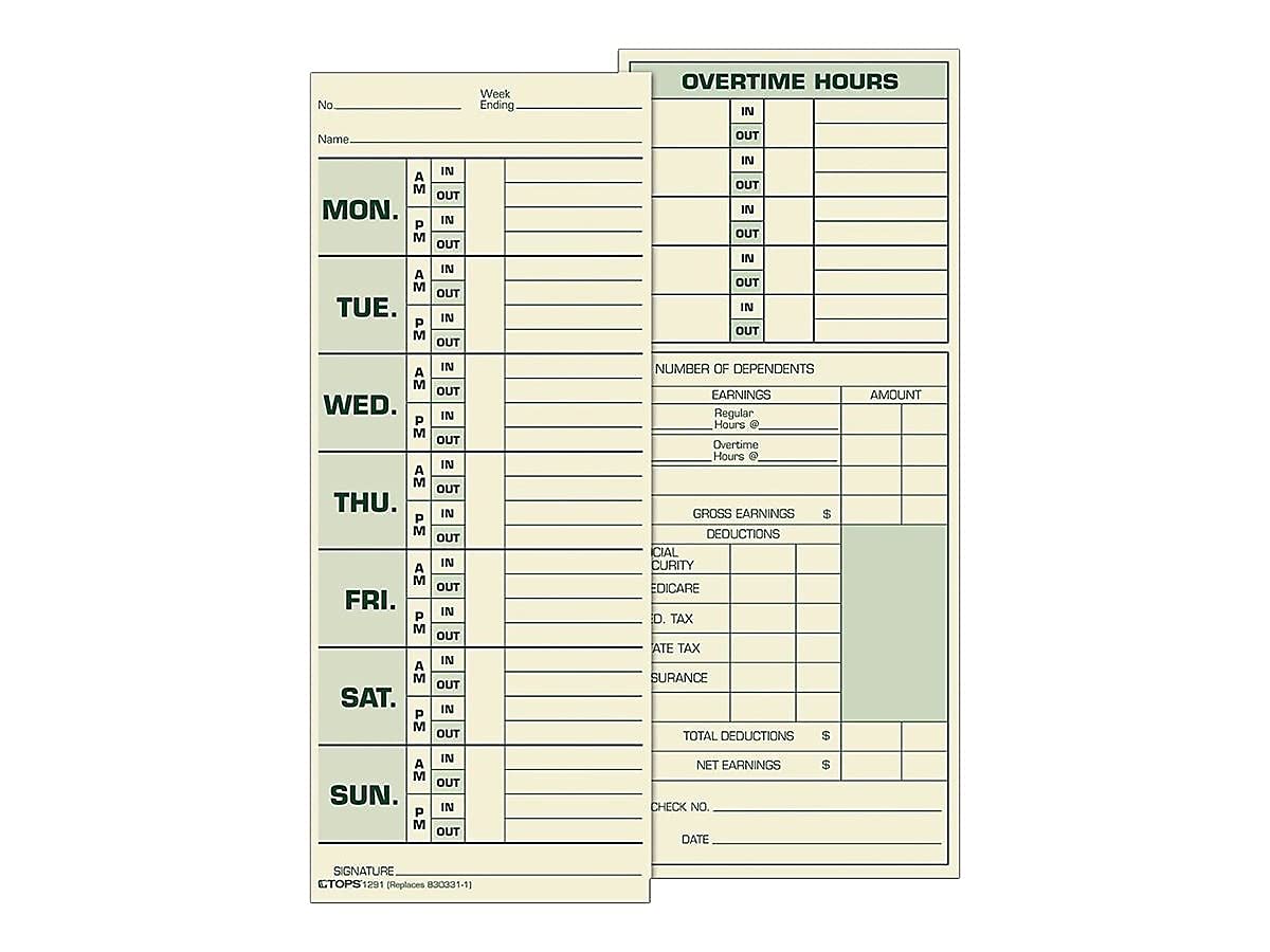 TOPS Time Cards, Weekly, 2-Sided, 3-1/2" x 8-1/2", Green Print Front/Back, 500-Count (1291), Manila - Image 2