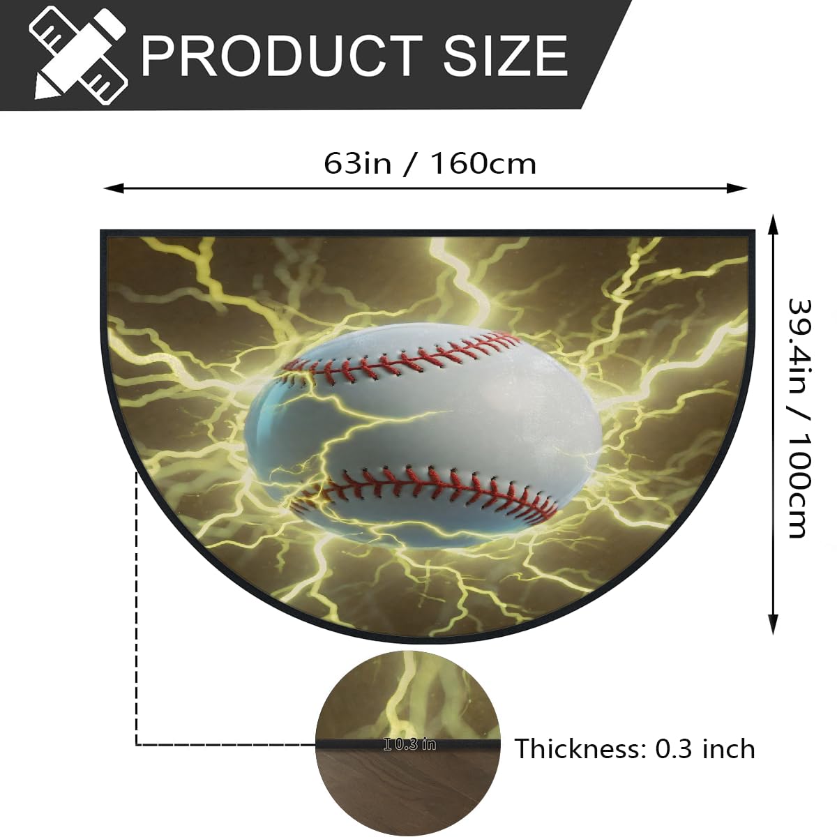 Große halbrunde Fußmatte – Baseball Lightning rutschfest, saugfähig, halbrund, Eingangsbereich, niedlich, weich, halbrund, waschbar, Teppich für Küche, Badezimmer, Schlafzimmer, 160 x 100 cm