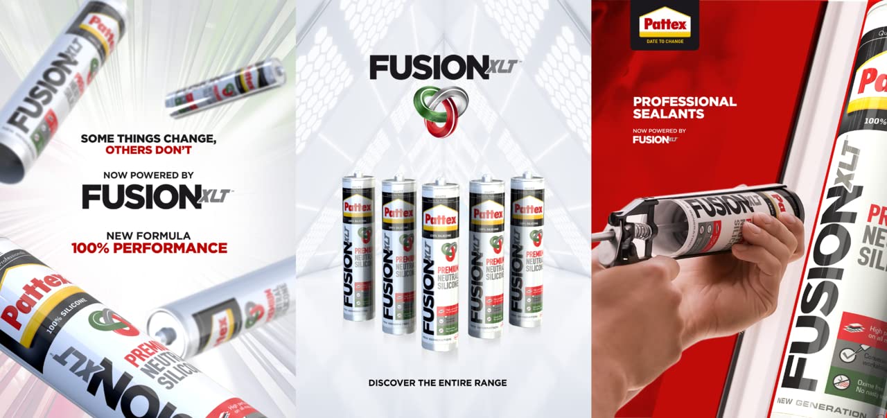 Pattex Sigillante Silicone Neutro, Pattex Fusion XLT, per il Contatto Indiretto con gli Alimenti e per la Resistenza ad Agenti Chimici Disinfettanti, Sigillante Trasparente, Cartuccia da 300 ml