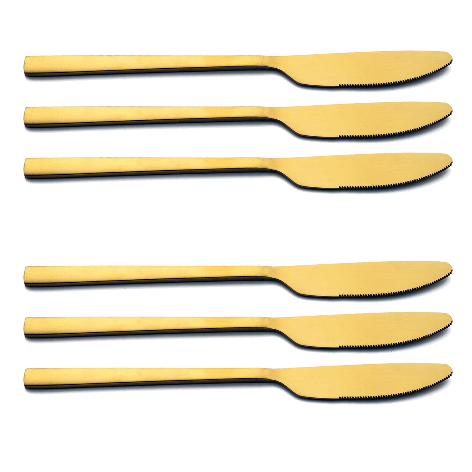 snplowum 6pcs Elegant Dinner Knife, 8.27 Inch Gold Stainless Steel Serrated Steak Butter Knife, Modern Design & Square Edge, Matte Finish