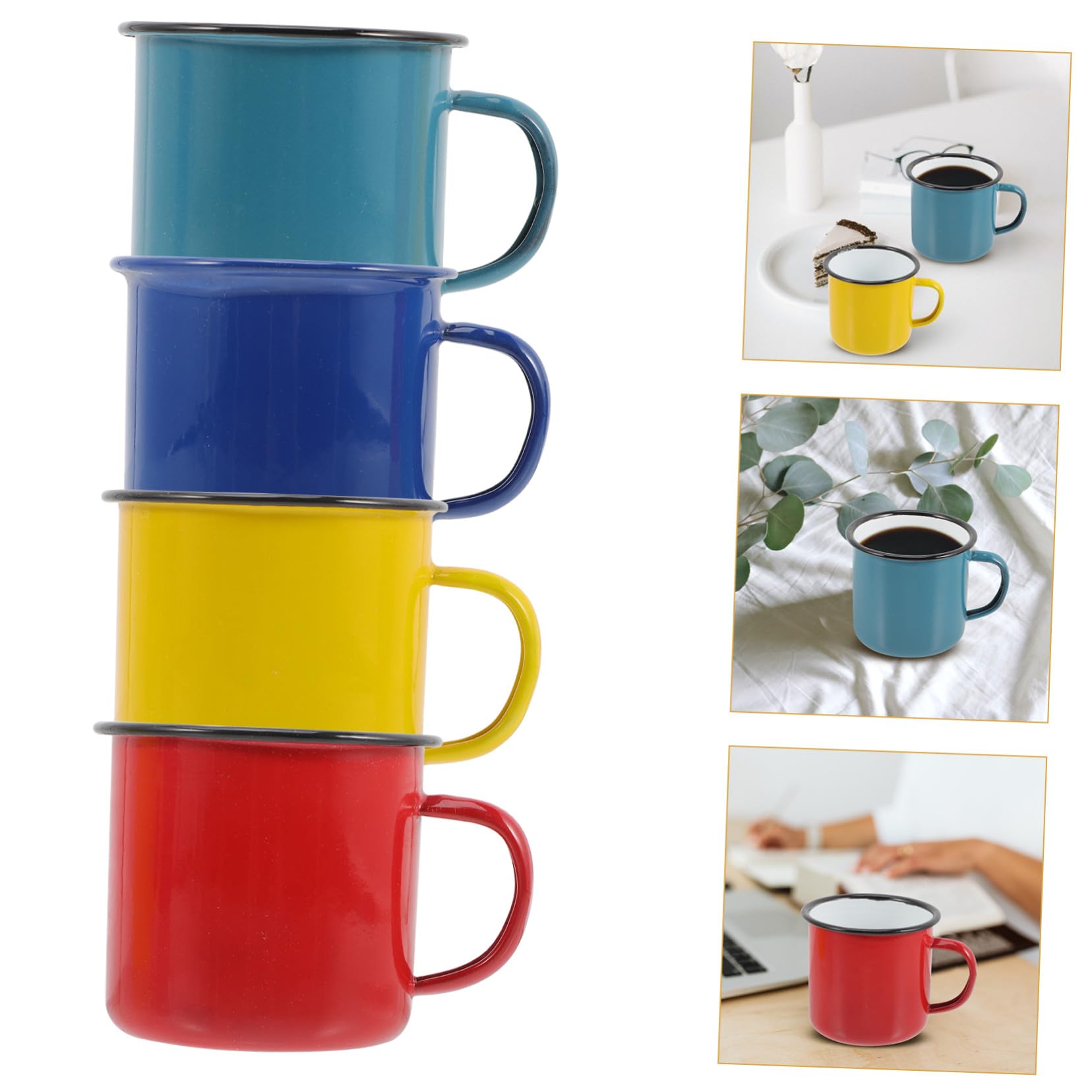 Emaillebecher Großer Gesunder Kaffeebecher Hitzebeständig 4 Stück und mit Henkel im Einfachen Stil Multifunktional für Büro und Zuhause