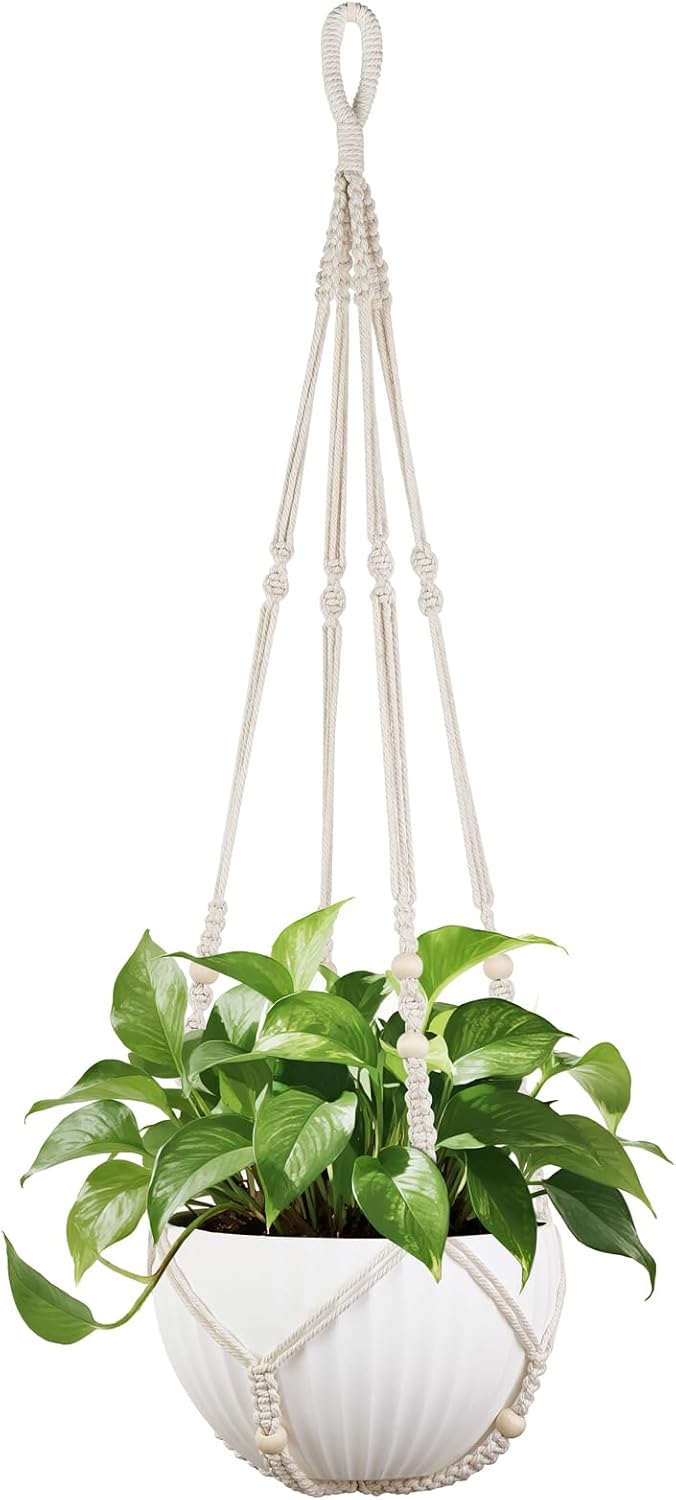 Mkono 43 Inch Large Macrame Plant Hanger for 12 Inch Pots - Extra Long Boho Hanging Holder with Wood Beads, No Tassels, Indoor Outdoor Decor, Ivory