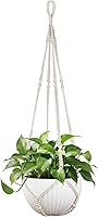 Mkono 43 Inch Large Macrame Plant Hanger for 12 Inch Pots - Extra Long Boho Hanging Holder with Wood Beads, No Tassels, Indoor Outdoor Decor, Ivory