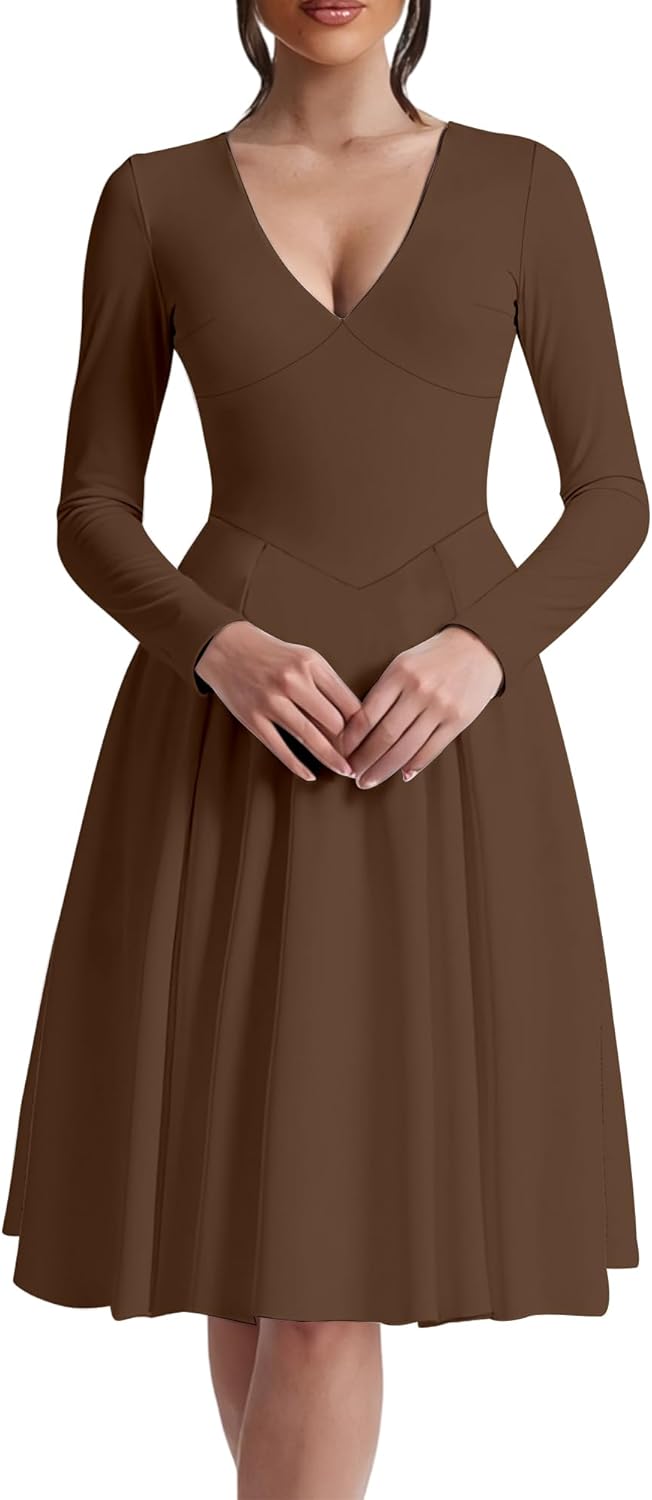 Kaximil Women's Long Sleeve V Neck A Line Elegant Midi Dress Ruffle Flowy Wedding Guest Party Cocktail Dresses