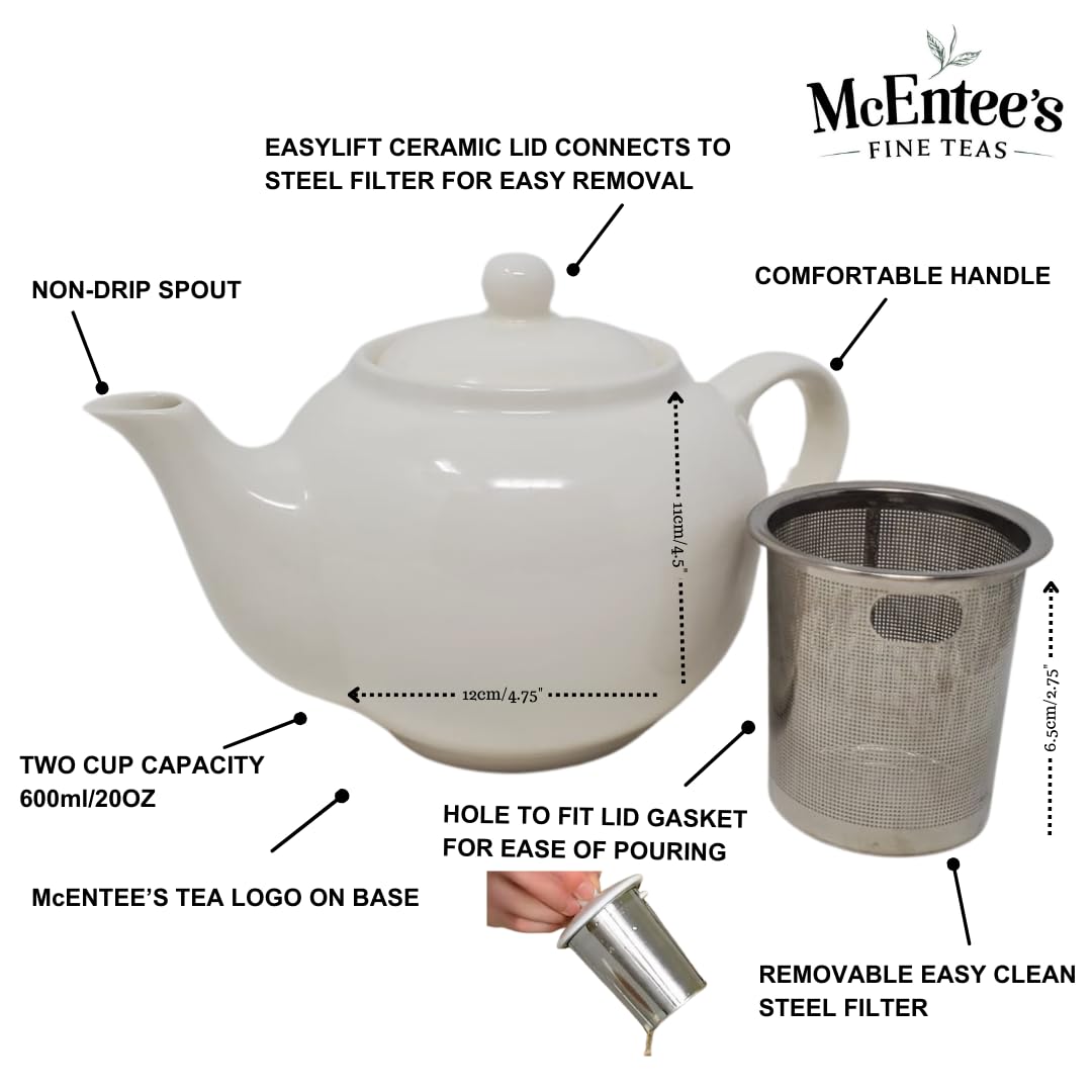 McEntee's Dublin Teiera in Ceramica da Tè 600ml/20 oz (2 Tazze) con Infusore Rimovibile in Acciaio Inossidabile