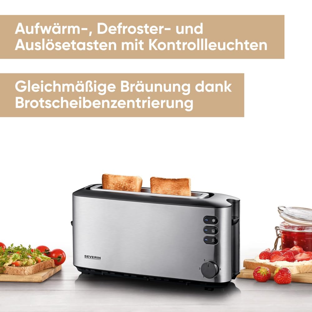 SEVERIN Automatik-Langschlitztoaster, Automatik-Toaster mit Brötchenaufsatz, aus Edelstahl, zum Toasten, Auftauen und Erwärmen, 1.000 W, Edelstahl-gebürstet/schwarz, AT 2515