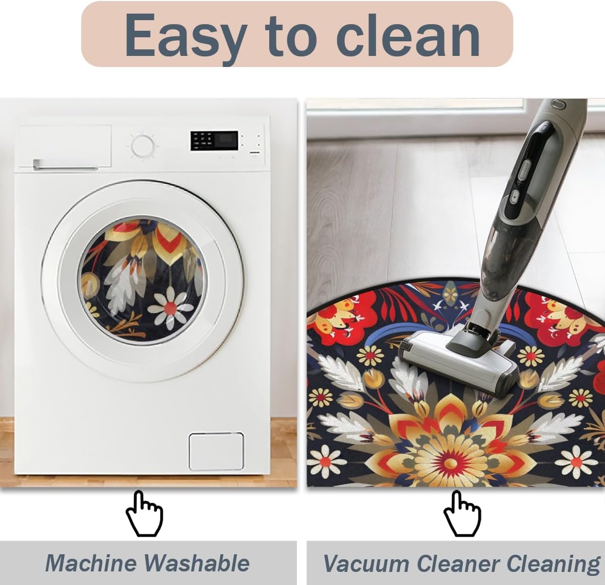 Round Rug 5ft Indoor Circle Area Rug Mandala Flower Non Slip Washable Easy -Cleaning Soft Throw Rugs Floor Carpet for Farmhouse Living Room Bedroom Nursery Room Dining Room