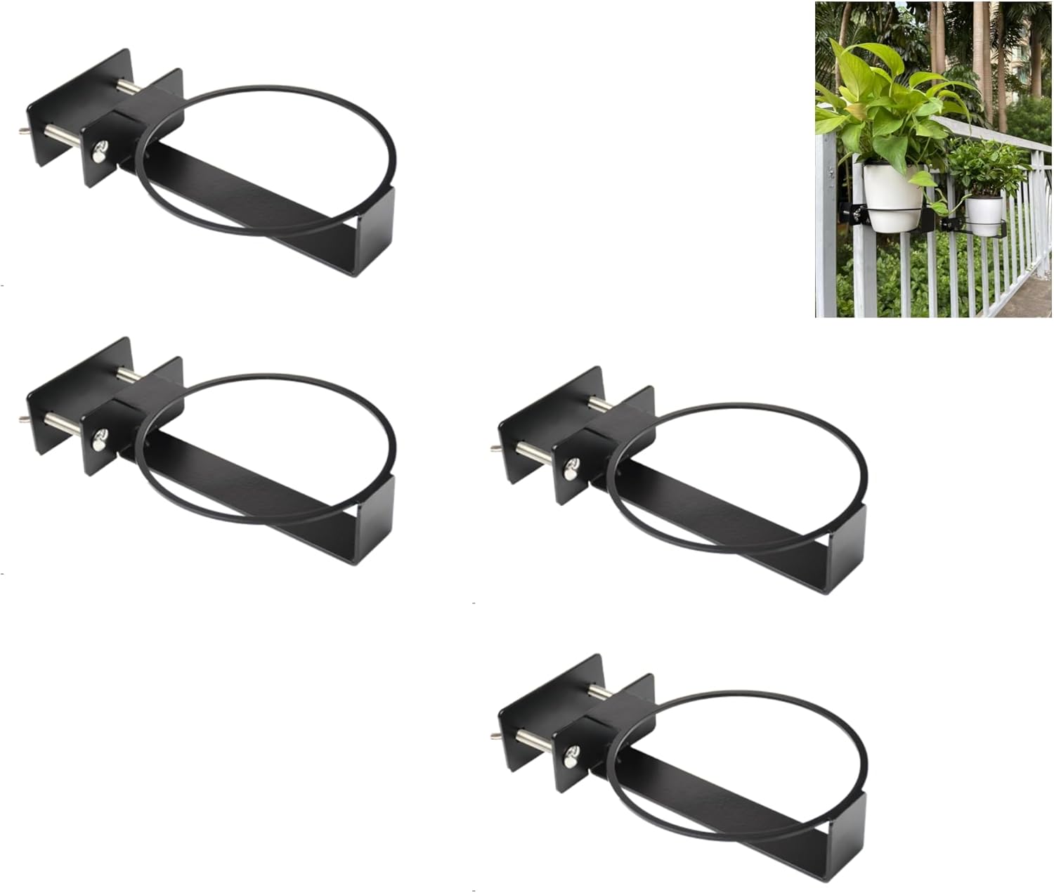 Deck Railing Flower Pot Holder, 6" Fence Bracket Kit for Round Planters, Heavy Duty Iron Black Mounting Holder, Universal Outdoor Hanging, 4 Pack