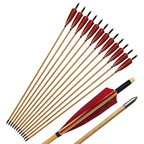 e5e10 Wooden Arrows Archery Handmade Arrows 33inch Shaft with Turkey Feather Fletching for Recurve Bow Longbow Hunting Practice 12PACK (Red)