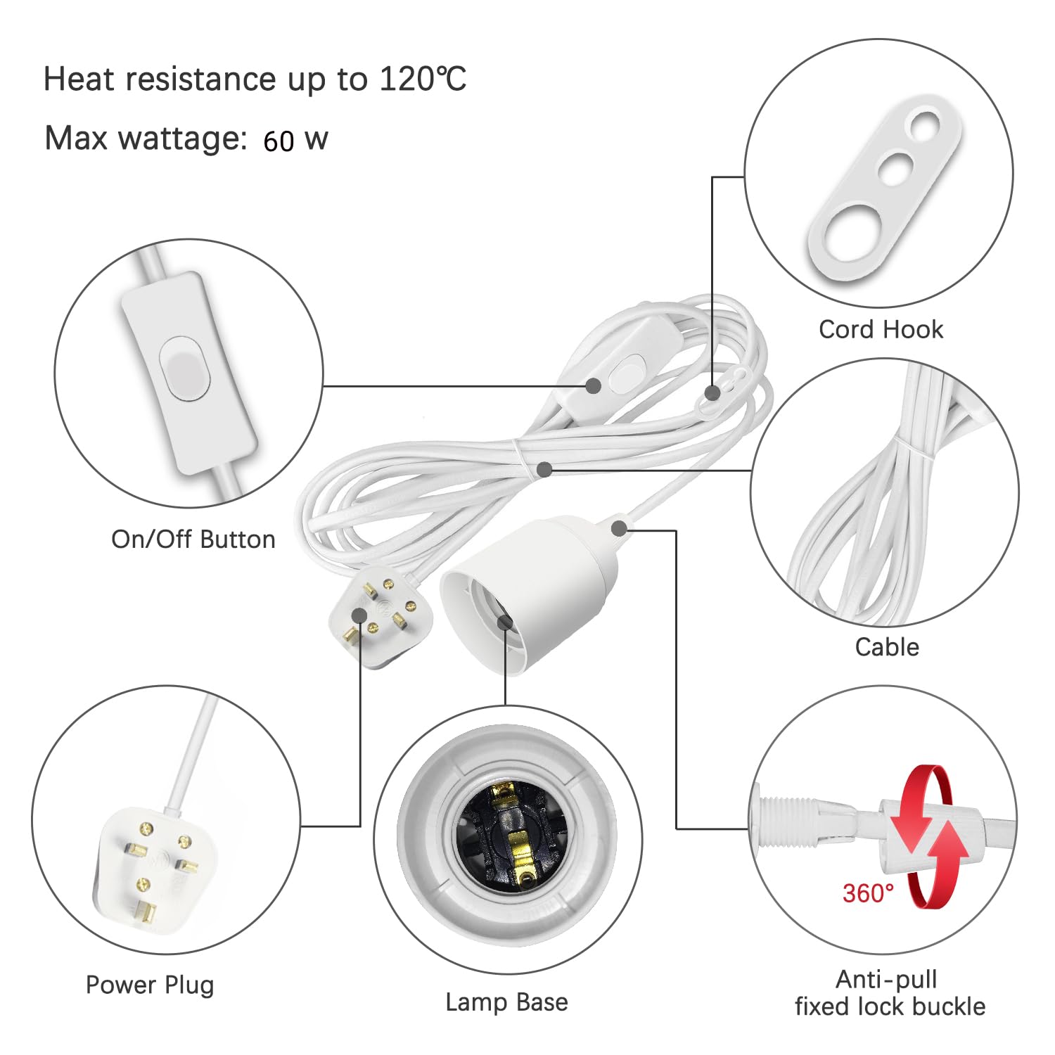 E27 Bulb Holder with Switch and Plug, 450cm Extension Suspended Pendant Light Fitting, White Plug in Pendant Lighting - Image 3